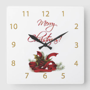 Christmas Holly and Pines Square Wall Clock