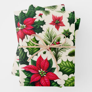Christmas Holly and Poinsetta Wrapping Paper