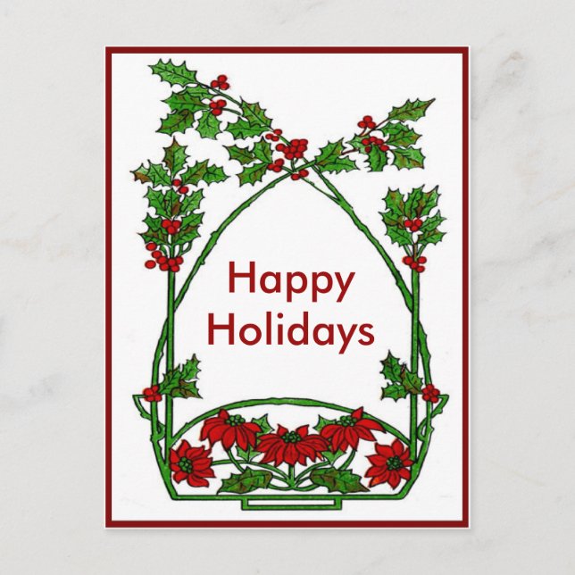 Christmas Holly and Pointsettia Holiday Postcard (Front)