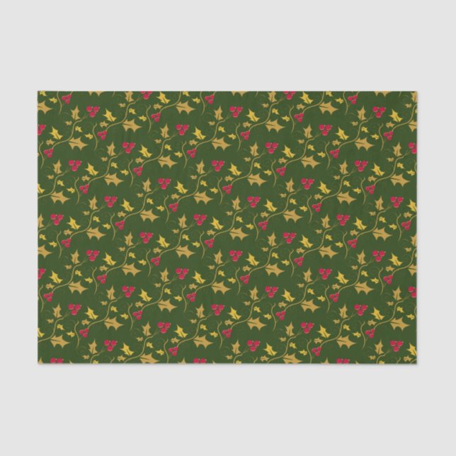 Christmas holly and red berries gold leaves green tissue paper (Front)