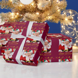 Christmas holly and red berries gold photo wrapping paper