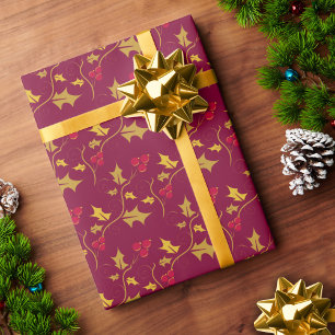 Christmas holly and red berries gold wrapping paper