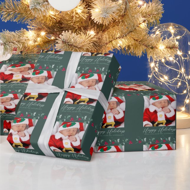 Christmas holly and red berries green photo wrapping paper (Holidays)