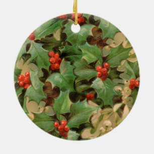 Christmas Holly Artwork Design Festive Pattern Ceramic Tree Decoration