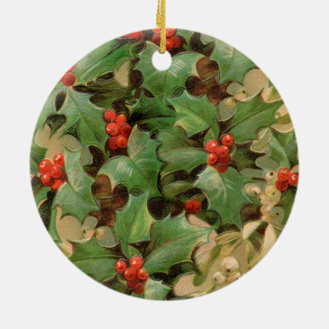 Christmas Holly Artwork Design Festive Pattern Ceramic Tree Decoration (Back)