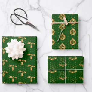Christmas Holly, Baubles and Holly on Green Wrapping Paper Sheet