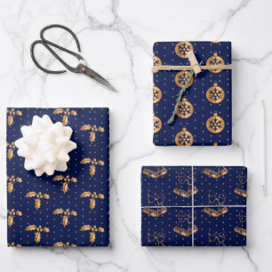 Christmas Holly, Baubles and Holly on Navy Blue Wrapping Paper Sheet