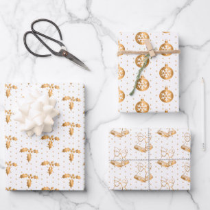 Christmas Holly, Baubles and Holly on White Wrapping Paper Sheet