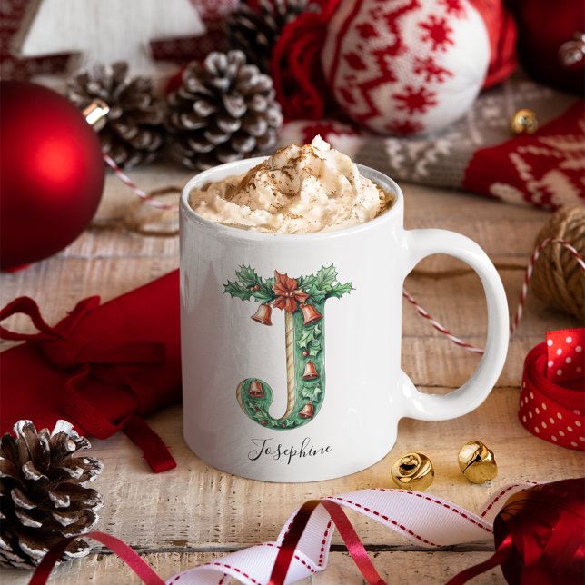 Christmas Holly & Bells Letter J Personalized Name Coffee Mug (Christmas Holly & Bells Letter J Personalized Name Coffee Mug)