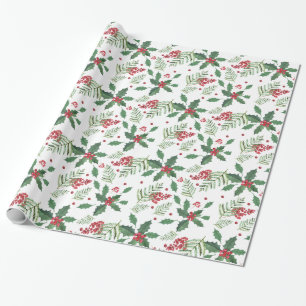 Christmas Holly Berries And Spruce Tree Stems Wrapping Paper