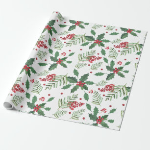 Christmas Holly Berries And Spruce Tree Twigs Wrapping Paper