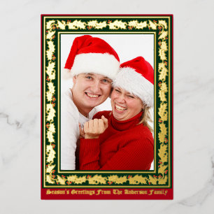 Christmas Holly & Berries Border Photo Foil Holiday Card