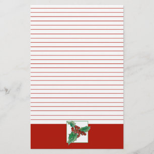 Christmas Holly Berries Botanical Art Red Lined Stationery