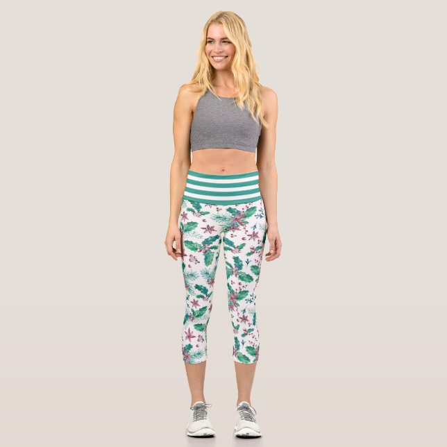 Christmas Holly Berries Capri Leggings (Front)