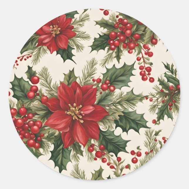 Christmas Holly & Berries Classic Round Sticker (Front)