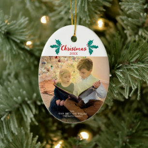 Christmas Holly Berries Custom Family Photo Ceramic Tree Decoration
