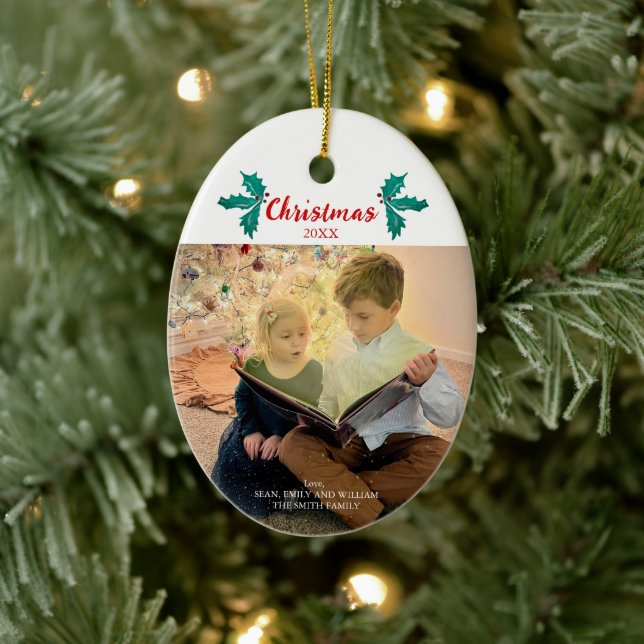 Christmas Holly Berries Custom Family Photo Ceramic Tree Decoration (Tree)