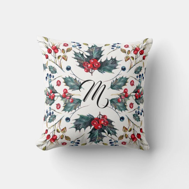 Christmas Holly & Berries Design Cushion (Front)