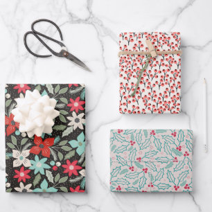 Christmas Holly Berries Flower Bundle: Green Red Wrapping Paper Sheet