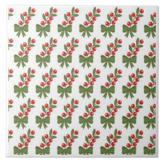 Christmas Holly Berries & Green Bow Pattern Tile