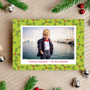 Christmas Holly & Berries Happiest Holidays Photo Holiday Card