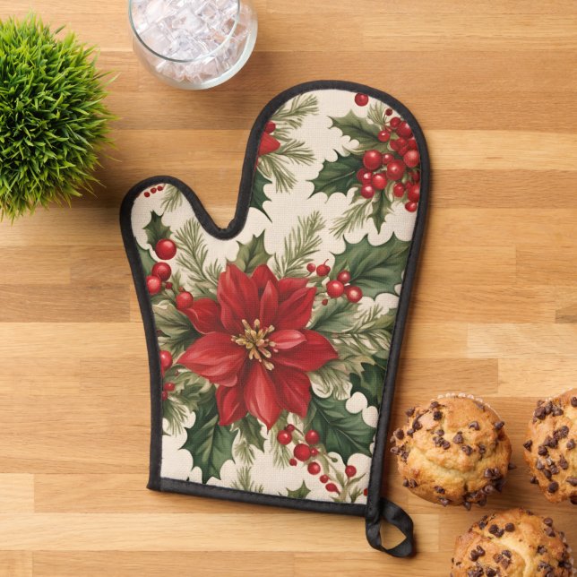 Christmas Holly & Berries Oven Mitt  (Top down)