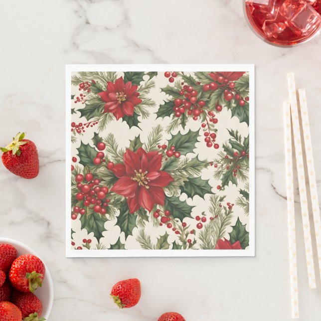 Christmas Holly & Berries Paper Napkin (Insitu)