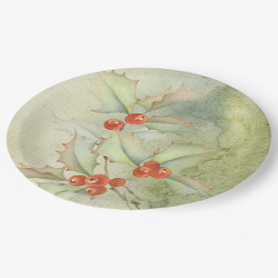 Christmas holly berries paper plate