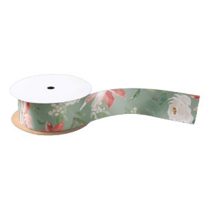 Christmas holly berries poinsettia sage pattern satin ribbon