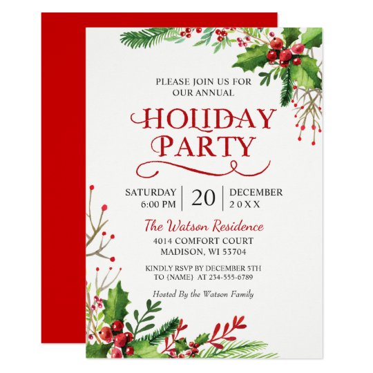 Christmas Holly Berries Rustic Chic Holiday Party Card