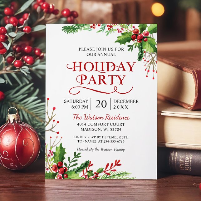 Christmas Holly Berries Rustic Chic Holiday Party Invitation (Creator Uploaded)