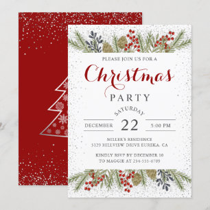 Christmas Holly Berries Silver Glitter Holiday Invitation