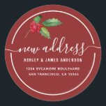 Christmas Holly Berries We've Moved New Address Classic Round Sticker<br><div class="desc">We've moved! Christmas moving announcement return address labels: let your friends and family know about your new address with these chic, modern and simple return address labels with a stylish touch of watercolor holly and berries. Simply add your names and address in white elegant script calligraphy and stylish typography. Exclusively...</div>