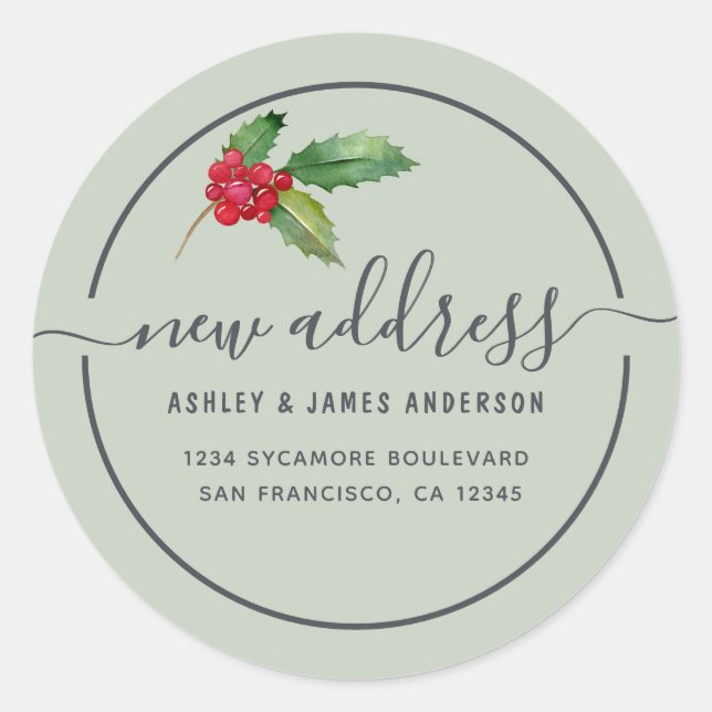 Christmas Holly Berries We've Moved New Address Classic Round Sticker (Front)