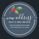 Christmas Holly Berries We've Moved New Address Classic Round Sticker<br><div class="desc">We've moved! Christmas moving announcement return address labels: let your friends and family know about your new address with these chic, modern and simple deep teal return address labels with a stylish touch of watercolor holly and berries. Simply add your names and address in white elegant script calligraphy and stylish...</div>