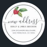 Christmas Holly Berries We've Moved New Address Classic Round Sticker<br><div class="desc">We've moved! Christmas moving announcement return address labels: let your friends and family know about your new address with these chic, modern and simple return address labels with a stylish touch of watercolor holly and berries. Simply add your names and address in off-black elegant script calligraphy and stylish typography. Exclusively...</div>