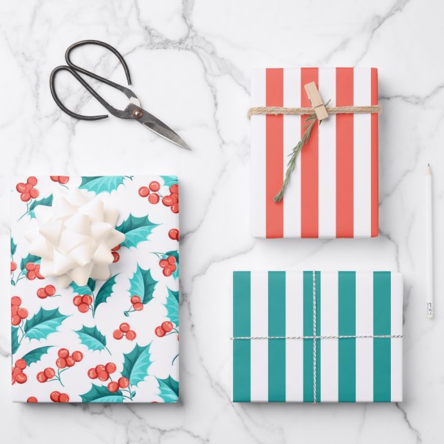Christmas Holly Berries Wrapping Paper Set of 3 (Front)