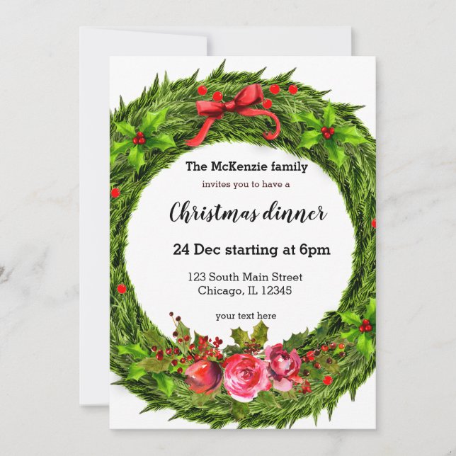 Christmas holly berries wreath invitation (Front)