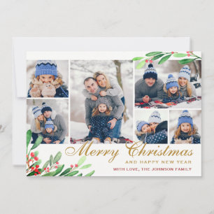 Christmas Holly Berry 6 PHOTO Collage Greeting Holiday Card