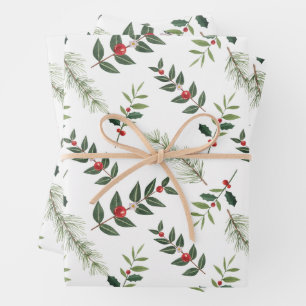 Christmas Holly Berry and Pine Branches White Wrapping Paper Sheet