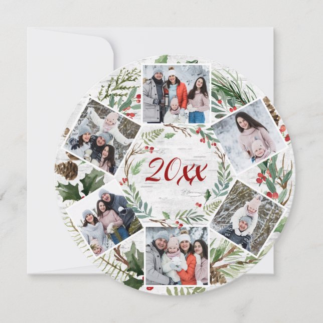 Christmas Holly Berry Birch Bark 6 PHOTO Greeting Holiday Card (Front)