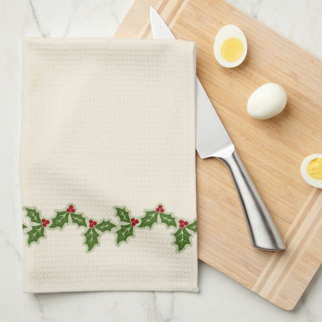 Christmas Holly Berry Border Cream Tea Towel (Quarter Fold)