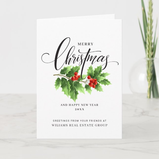 Christmas Holly Berry Branch Corporate Greeting Holiday Card (Front)