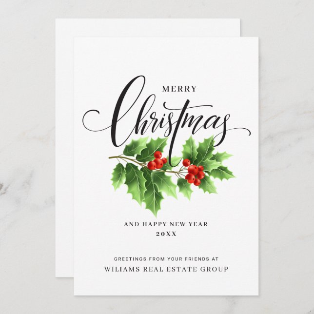 Christmas Holly Berry Branch Corporate Greeting Holiday Card (Front/Back)