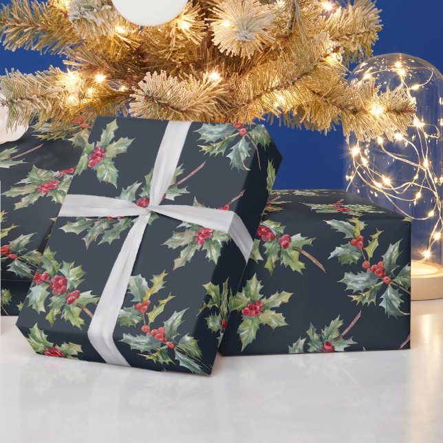 Christmas Holly Berry Branches with Leaves  Wrapping Paper (Holidays)
