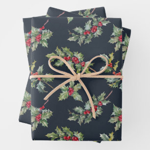Christmas Holly Berry Branches with Leaves Wrapping Paper Sheet