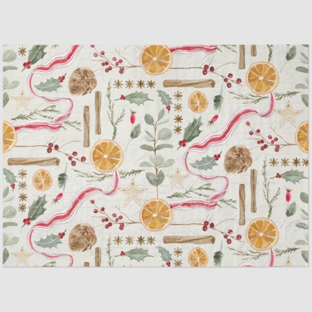 Christmas Holly Berry Cinnamon Orange Decoupage Tissue Paper (Front)