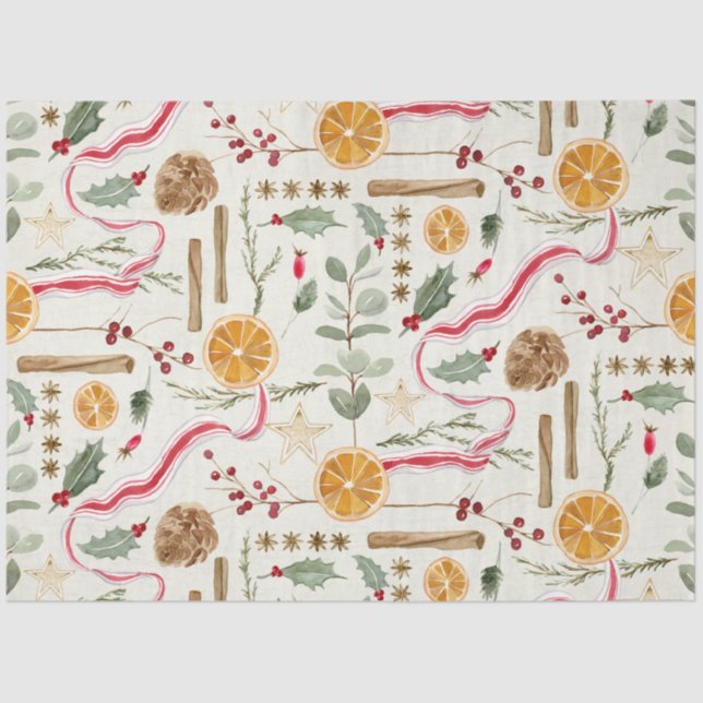 Christmas Holly Berry Cinnamon Orange Decoupage Tissue Paper (Front)