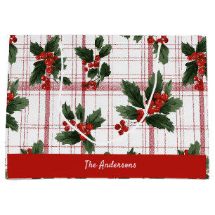 Christmas Holly Berry Classic Plaid Family Names Large Gift Bag