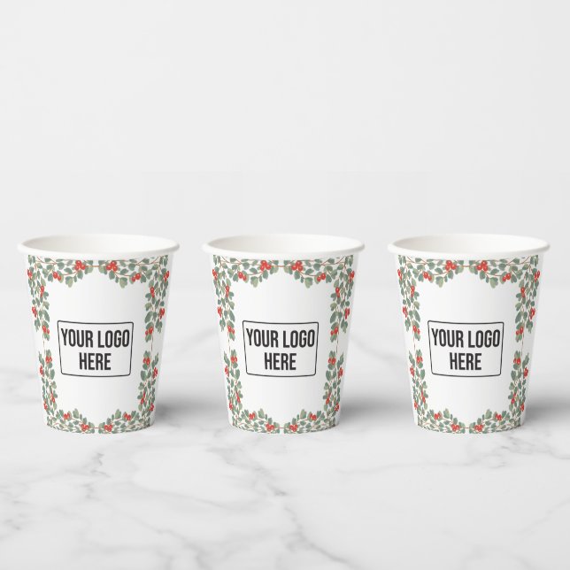 Christmas Holly Berry Holiday Business Logo Paper Cups (Multi)